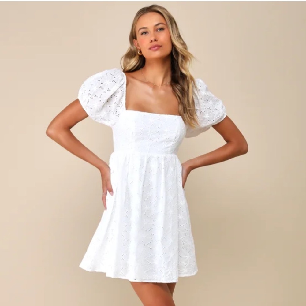 Lulu’s Fit to Frolic White Eyelet Lace Puff Sleeve Babydoll Dress Sz S - ✨ NWOT